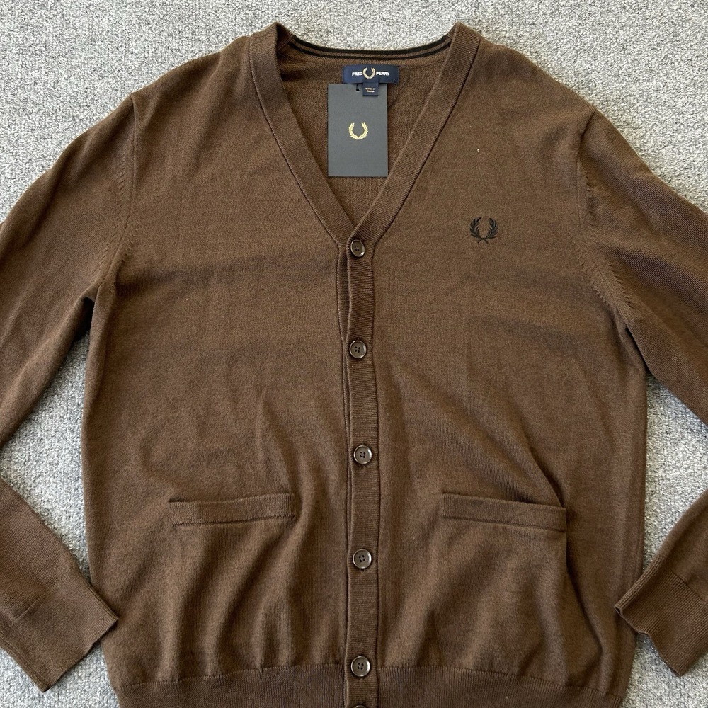 Fred Perry Sweater Men Large Wool Cardigan Jumper Tobacco Cabin Button New NWT